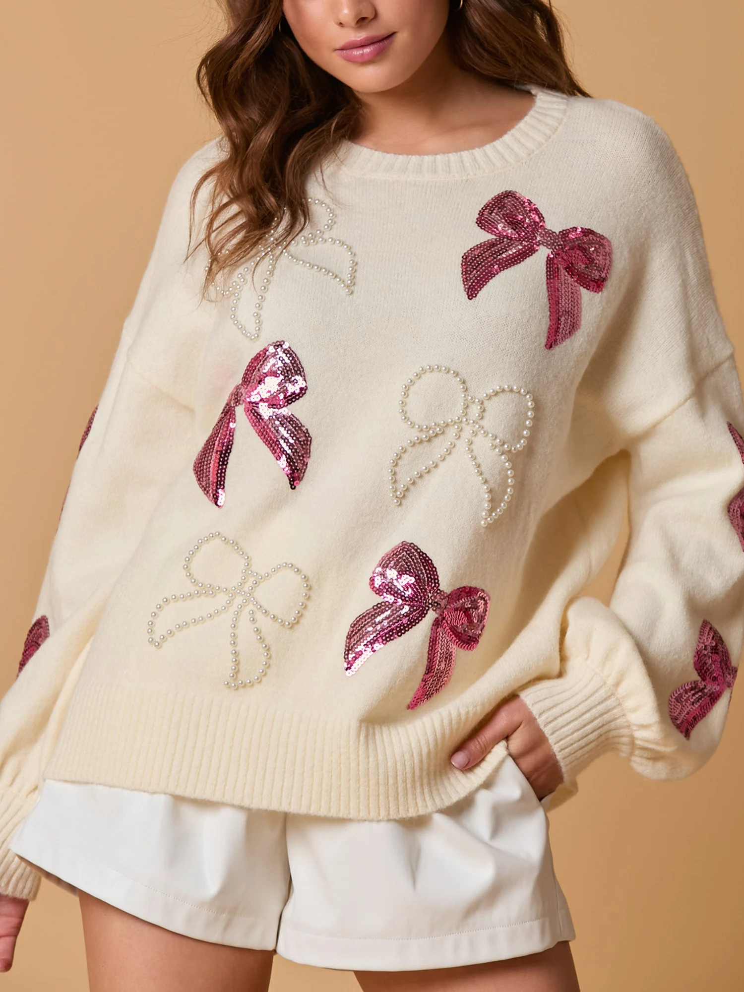 Elegant Women s Knit Sweater with Delicate Pearl Sequins Bowknot Embroidery and Long Sleeves - Stylish Round Neck Pullover