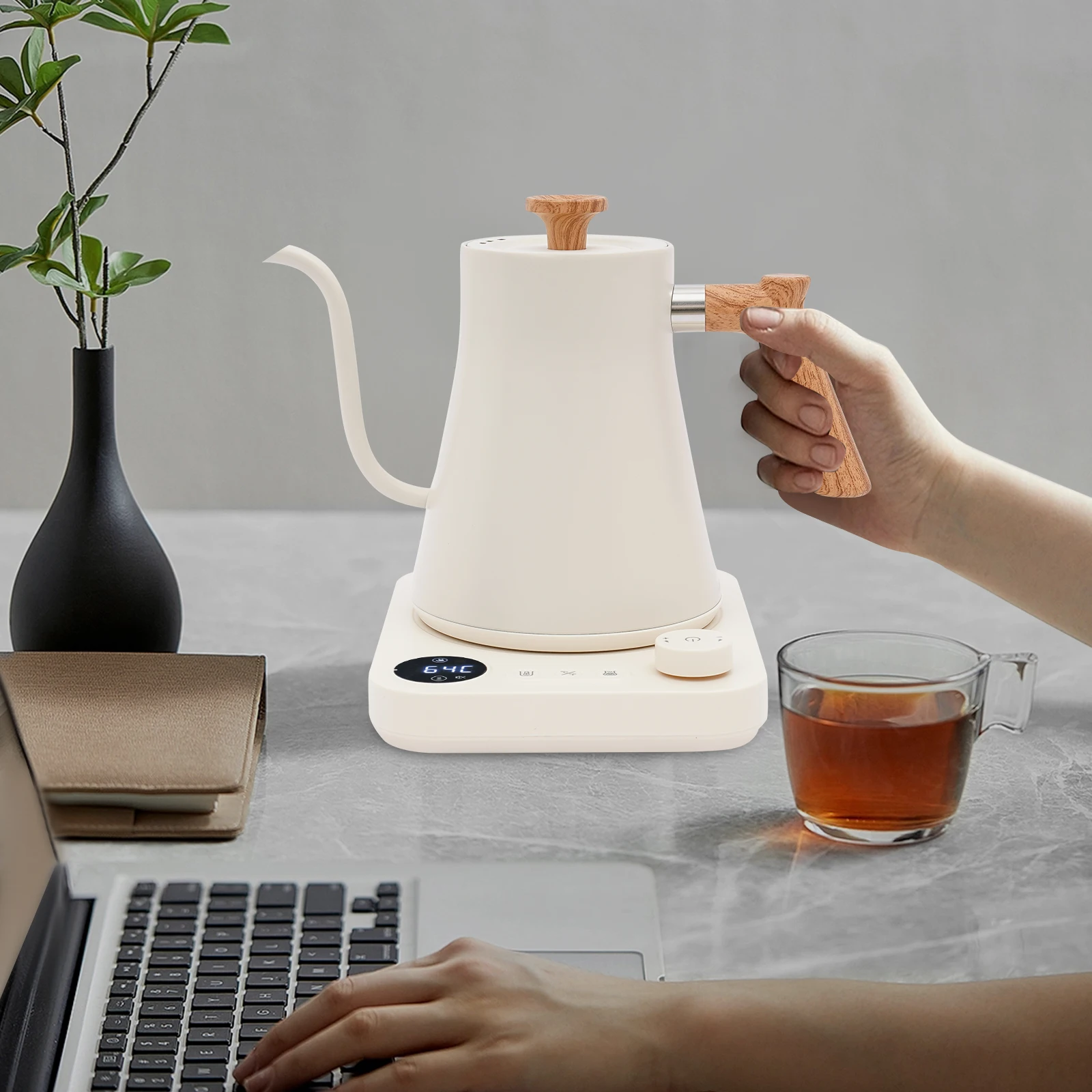 

1200W 0.9L Stainless Steel Hot Water Kettle Electric, Electric Gooseneck Kettle for Coffee & Tea with LED Display (White)