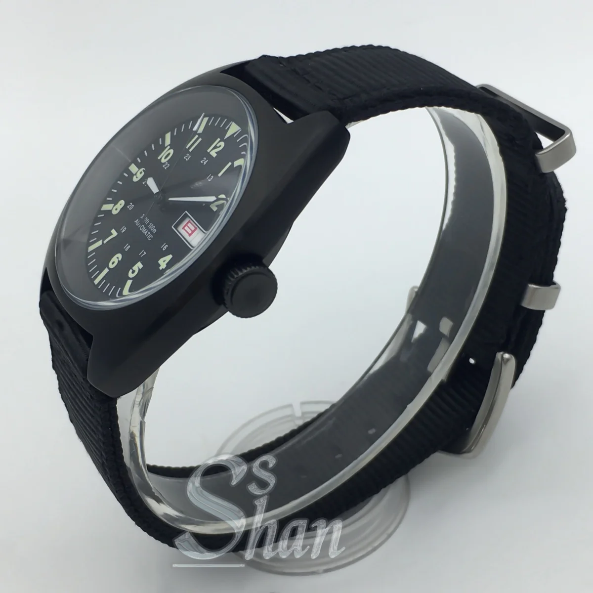 ساعة طيار للرجال 36 ملم 39 ملم NH36 حركة قرص أخضر مضيء مقبب زجاج مطلي مقاوم للماء حزام نايلون 100 متر