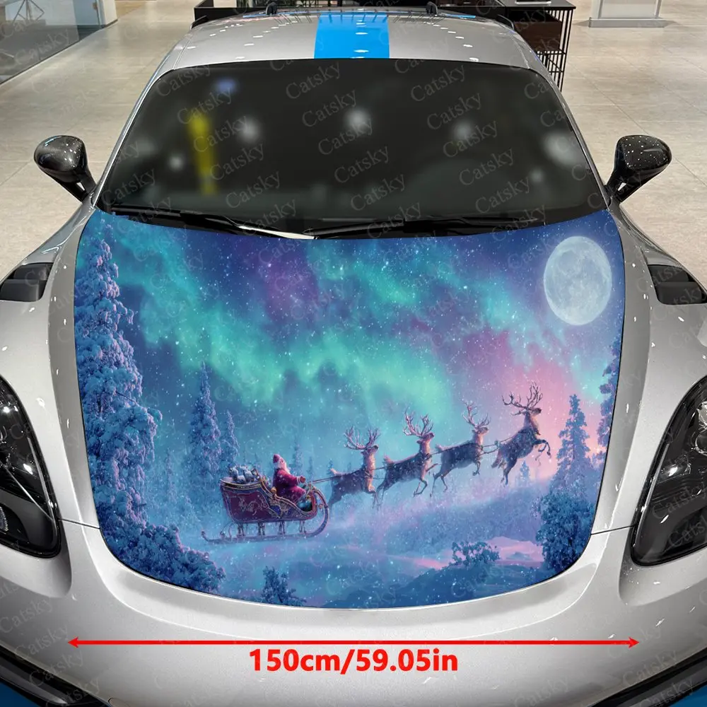 Moonlit Aurora Reindeer Santa Claus Car Vinyl Wrap, PVC Material Waterproof Car Hood Sticker, Self-Adhesive Scratch-Resistant St