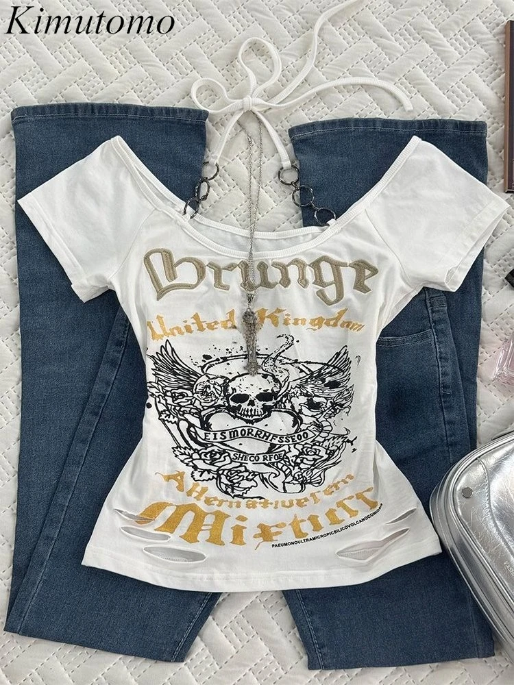 

Kimutomo Y2k Aesthetic T Shirts Women Vintage Skulls Letter Printed Hole Bandage Slim Harajuku Top Short Sleeve Grunge Tee Shirt