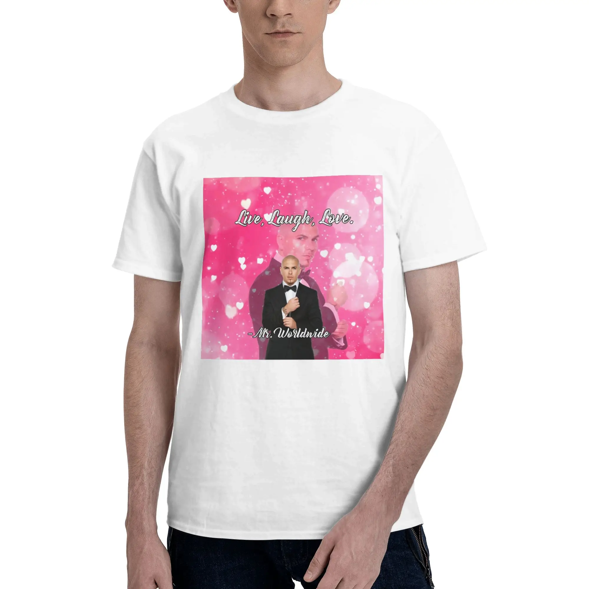 

Mr. Worldwide Says to Live Laugh Love Розовая футболка из 100% хлопка Мужские модные футболки Мужские футболки с круглым вырезом и коротким рукавом S-6XL