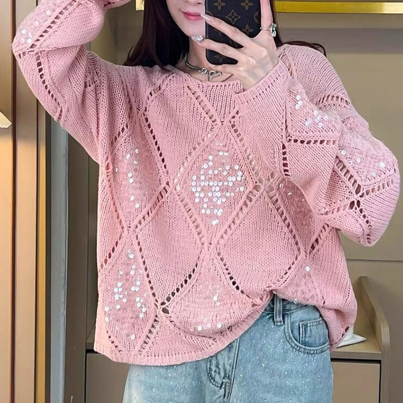 Women Clothing 2024 Spring Fashion Hollow Sequins Chic Knitted Sweater Female Casual Streetwear Long Sleeve Loose Pullover Tops