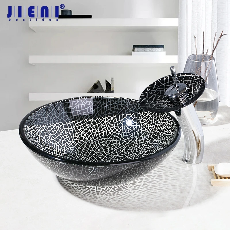 JIENI  Tempered Glass Bathroom Basin Set Mosaic Pattern Design Round Handmade Article Vessel Sink Waterfall Black ORB Faucet