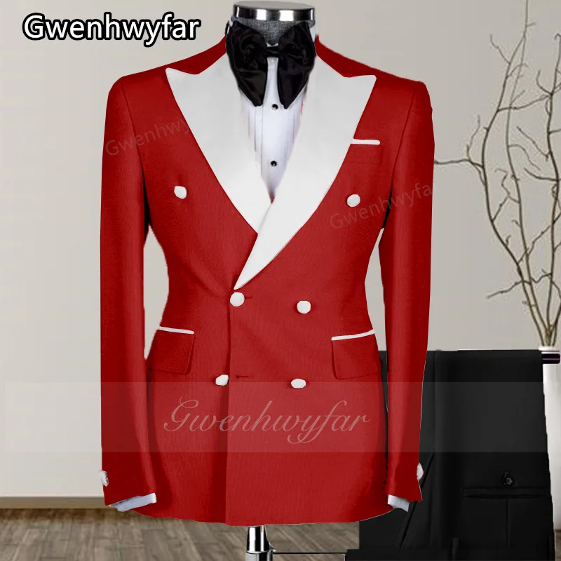 

Gwenhwyar Costume Homme Red Men Suits Double Breasted Formal Blazer Pants Slim Fit Wedding Male Dress Groom Tuxedos Suit Prom