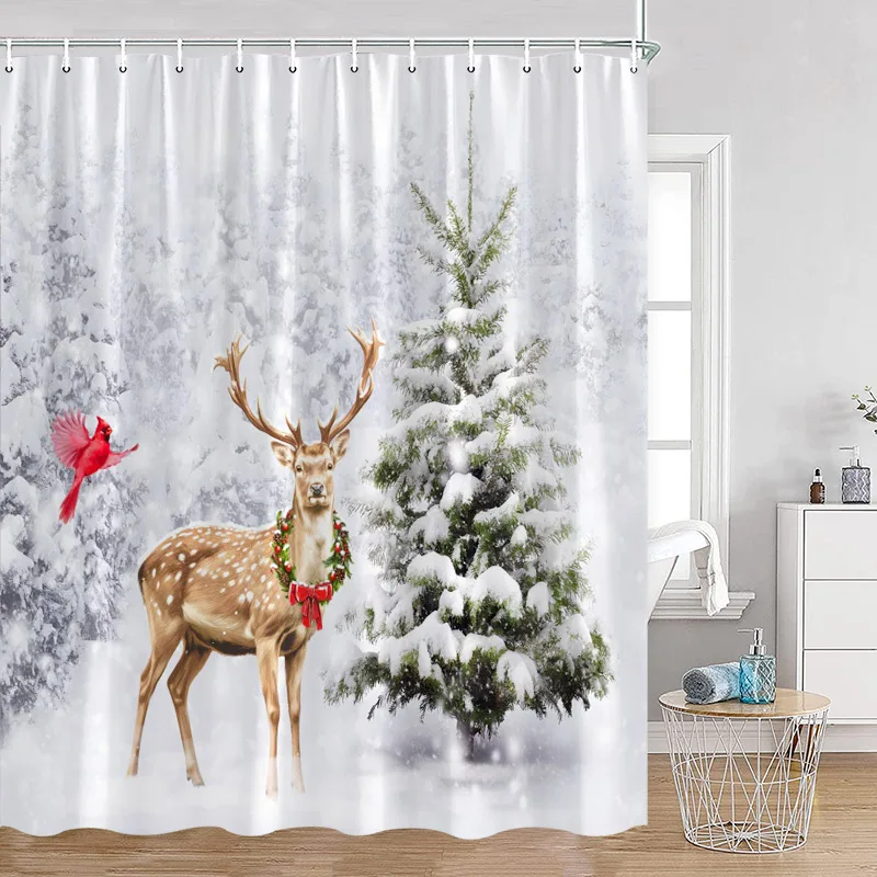 Winter Pine Tree Shower Curtain Deer Red Bird Snowy Forest Christmas Holiday Bathroom Decor Bath Curtains Polyester with Hooks