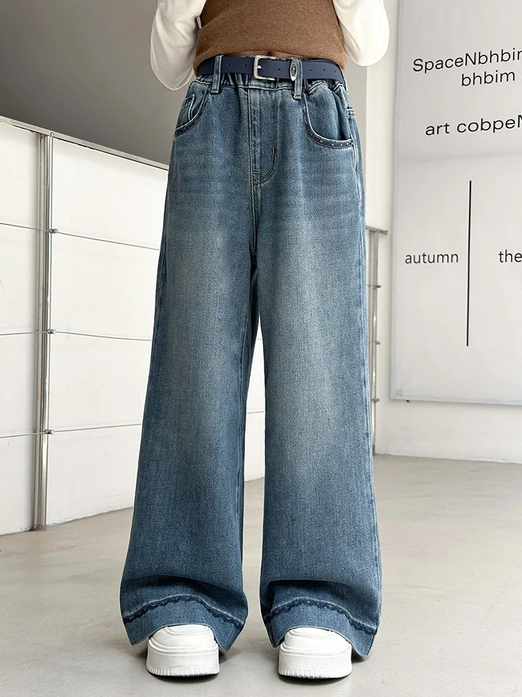 

Джинсы с прямыми штанинами для девочек, повседневные джинсы на весну и осень, новые модные детские широкие повседневные брюки, осенний сезон для девочек, больших детей...