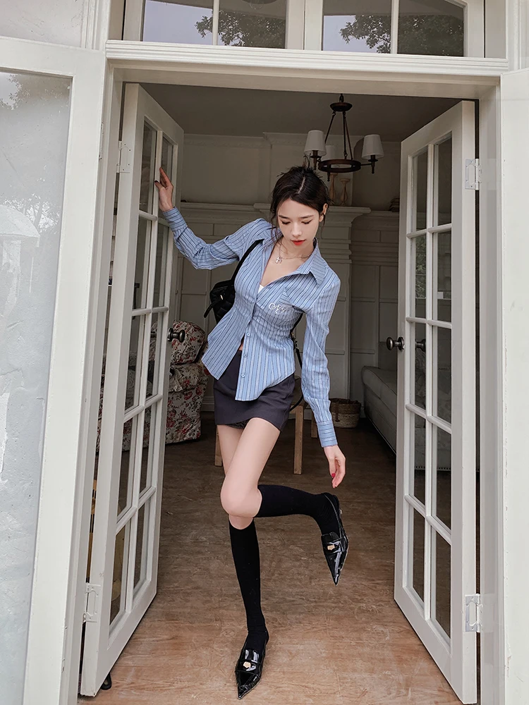 

Blue Striped Tailored irt Women's Slim Fit Long Sve Waist Cinched irt French Sle Cotton Blend Resistant to Deformation