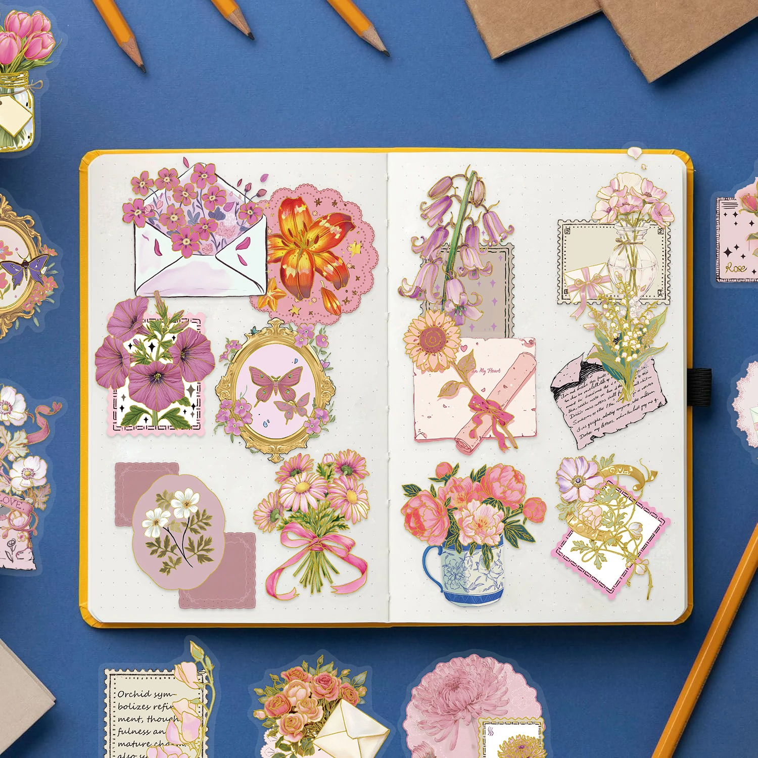 50pcs Gold Foil Transparent Vintage Flower Stickers Waterproof Floral Decals for Scrapbooking Valentine's Day Gifts for Women