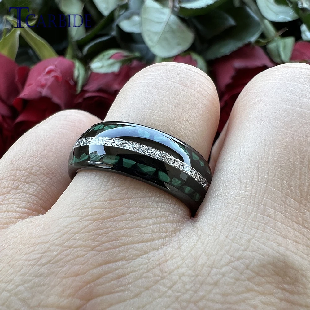 Dropshipping 8MM Men Women New Wedding Band Tungsten Carbide Ring with Bright Meteorite and Malachite Inlay Comfort Fit view 3