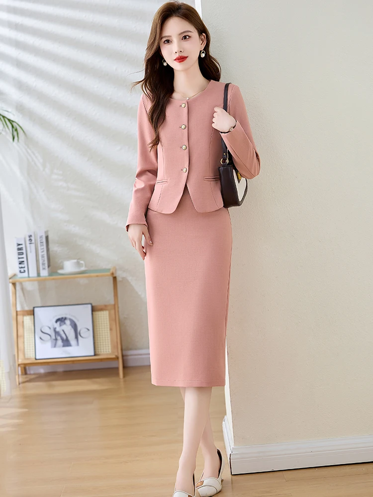 

Элегантный блейзер для женщин, модные офисные костюмы с длинными рукавами, однобортные мини-костюмы с круглым вырезом, новинка 2025, всесезонные костюмы с юбкой