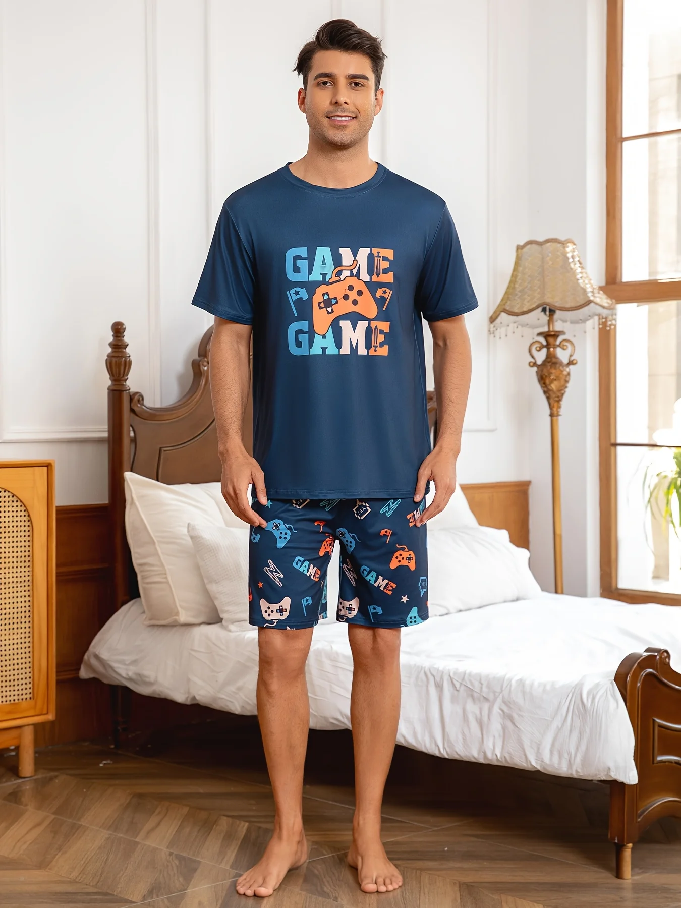 2026 Sommer Herren Gamer-Print Pyjama-Set – Weiches, bequemes, atmungsaktives, schnell trocknendes Kurzarm-Oberteil & Shorts Loungewear