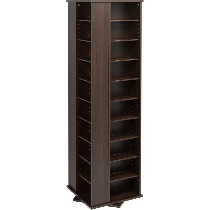 Revolving Display Cabinet Media Storage, Large Four-Sided Spinning Tower, Espresso