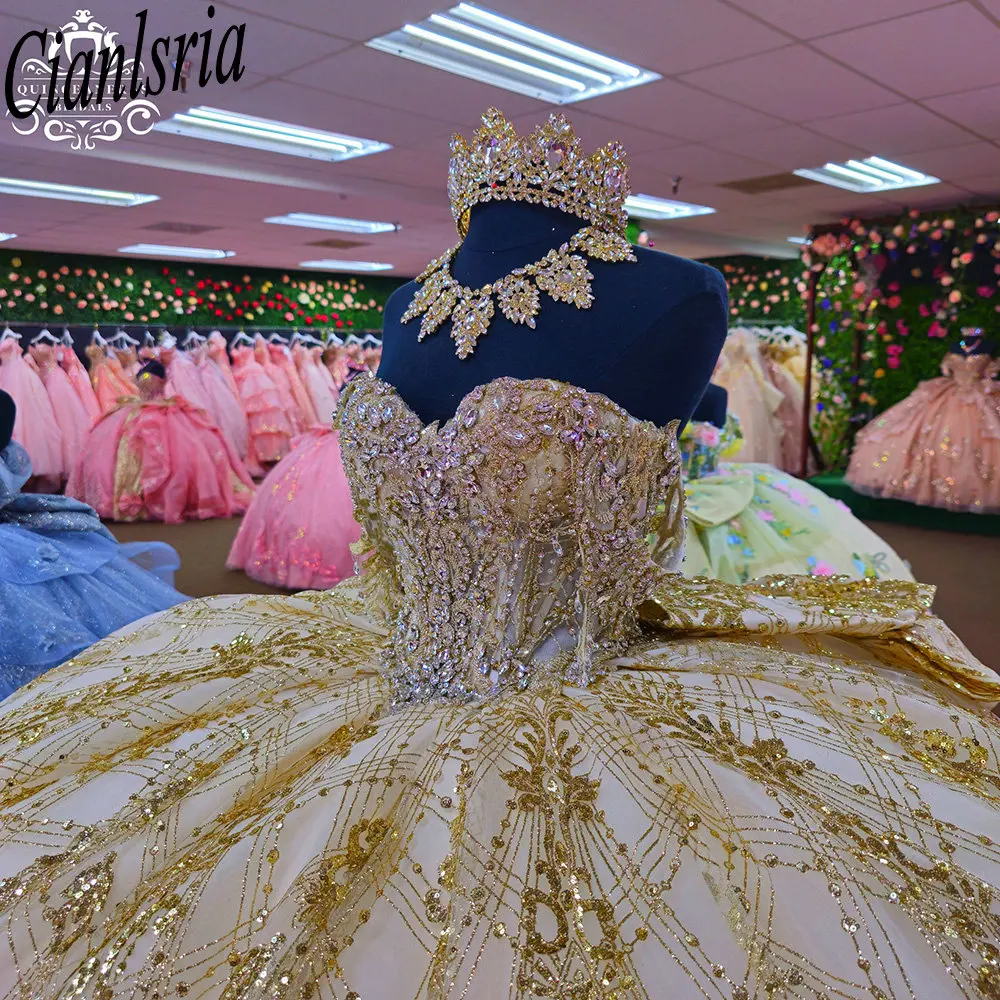 

Gold Beading Gem Quinceanera Dresses Ball Gown Glitter Crystal Sequined Mexican Sweet 16 XV Anos
