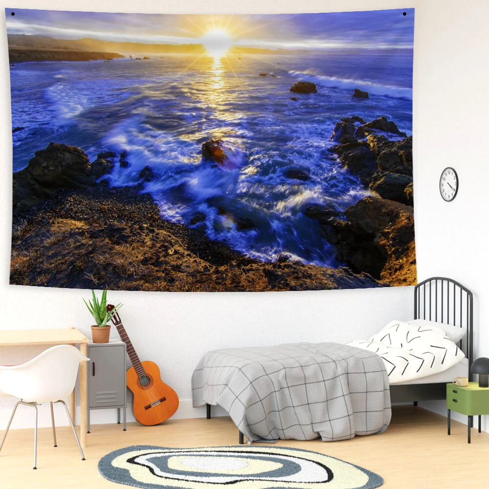 Ocean Wall Tapestry Blue Sea Coastline Sunrise Sunset Seascape Waves Landscape Large Wall Tapestry Carpet Beach Blankets Decor