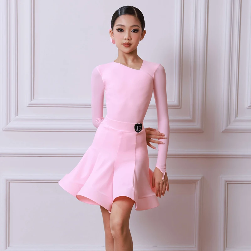 Kids Professional Dancing Dresses Girls Pink Long Sleeves Latin Dance Performance Costume Children Ballroom Dance Wear SL14009