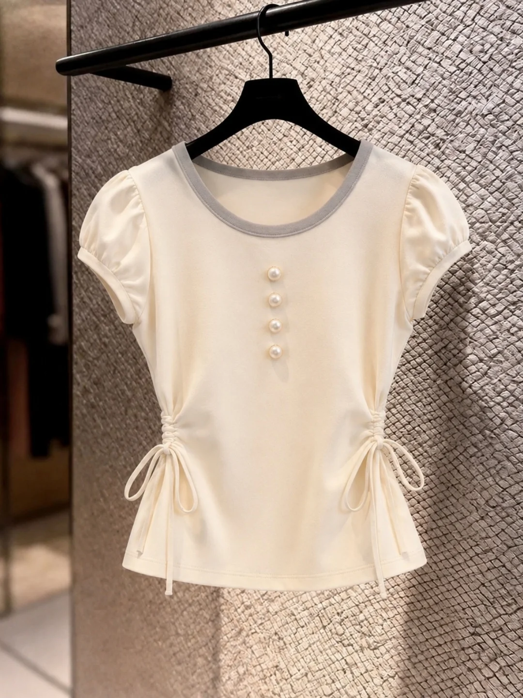 

Korean Style round Neck Short Sleeve T-Shirt Women's Drawstring Design Slimming Waist Effect Summer New Arrival Top