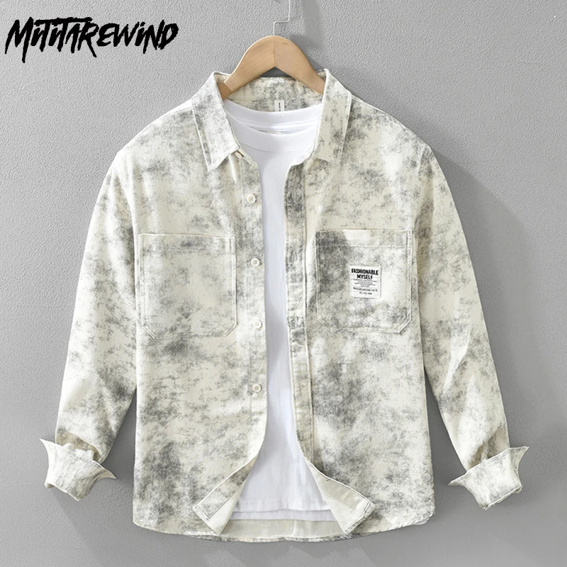 

Japanese Fashion Printed Shirts Men Streetwear Spring New Mens Long Sleeve Shirt with Double Pockets Pure Cotton Casual Shirts