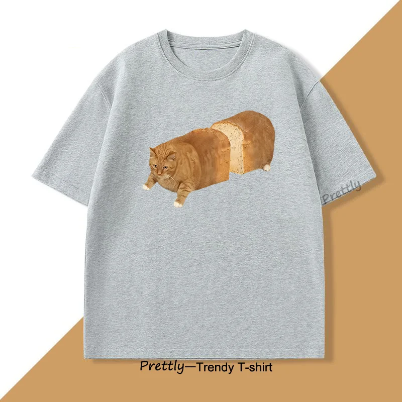 Cat Bread Loaf Funny Graphic T Shirts Printed Cotton Short Sleeve T-shirt Fashion Summer Round Collar Top Tees Mens Clothing