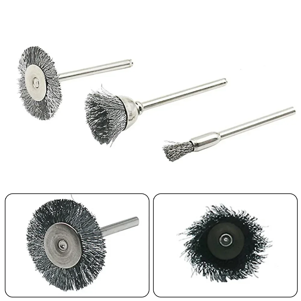 3 uds cepillo de eneldo cables de acero inoxidable 5/15/25mm cabezal de cepillo vástago de 3mm para eliminación de óxido herramienta rotativa amoladora