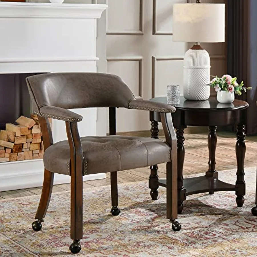 MidCentury Modern Dining Captain's Chair with Casters Dark Brown Textured Suede Adjustable Height