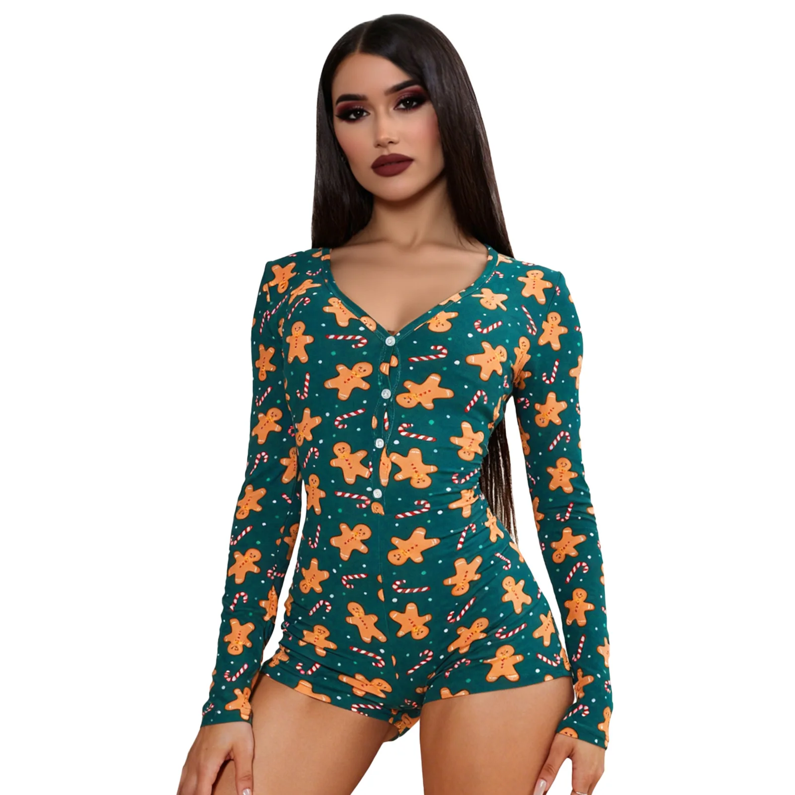 

Women's Christmas One Piece Long Sleeve Jumpsuit Gingerbread Printed Romper Pajamas V-Neck Shorts Jumpsuit Cosplay Costume