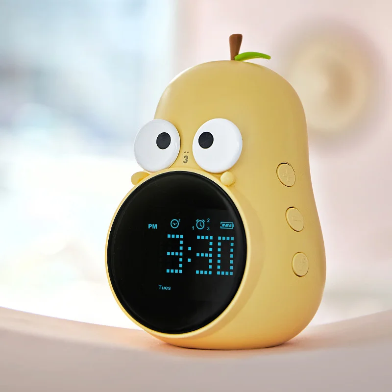 Cartoon Cute Pear Alarm Clock USB Rechargeable Fruit Shape Night Light Bedside Table Desk Children's Room Clock