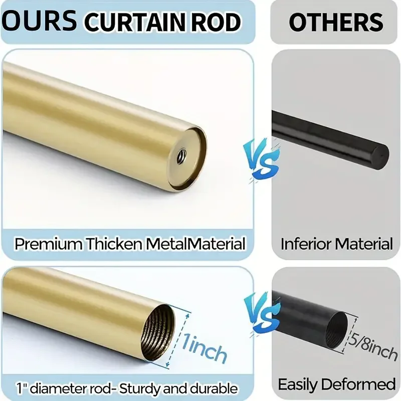 1-Diameter Adjustable Gold Metal Curtain Rod, extending from 18 to 120 inches. Sturdy with modern end cap finials.  Easy install