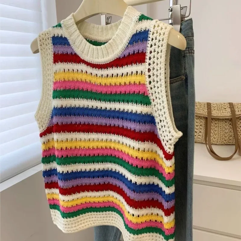 

Trendy Rainbow Stripe Knitted Tank Top Women's Summer Camisole New Hollow Sleeveless Short Top Cropped Sweaters Striped Vest