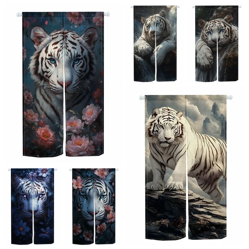 Tiger Pattern Noren Door Curtains Floral Print Izakaya Restaurant Partition Linen Doorway Curtains Kitchen Bedroom Half Curtain