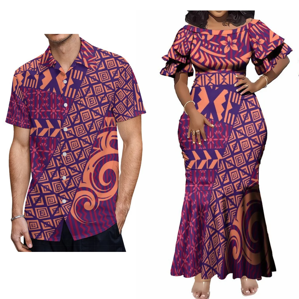 Neues Frauen kleid Samoa Meerjungfrau Kleid Party Abendkleid und Herren hemd Pazifik Insel plus Größe Paar Anzug