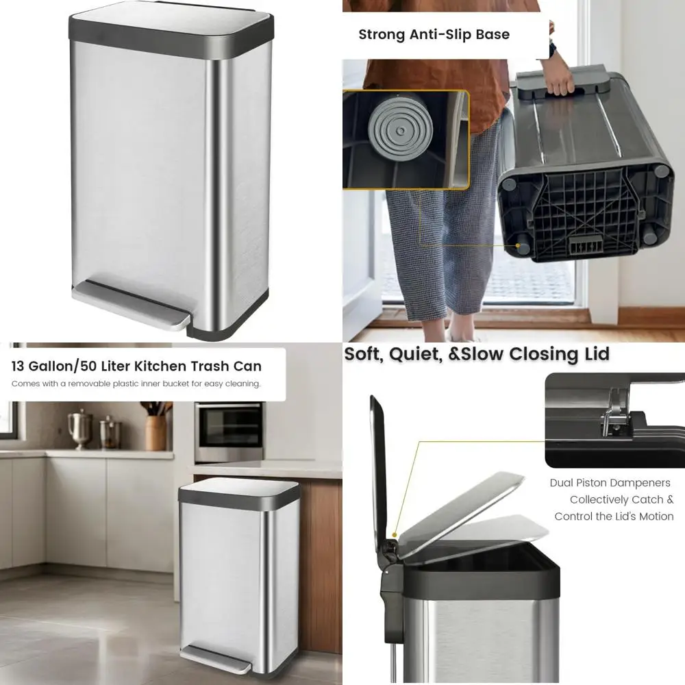 

50 Liter / 13 Gallon Trash Can, Fingerprint Proof Stainless Steel Kitchen Trash Can with Removable Inner Bucket, Step Trash Bin