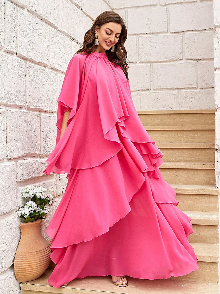 Moda musulmana mujeres Maxi Vestido volantes capa noche vestidos de fiesta de boda Dubai Abaya Kaftan elegante Marruecos Vestido bata