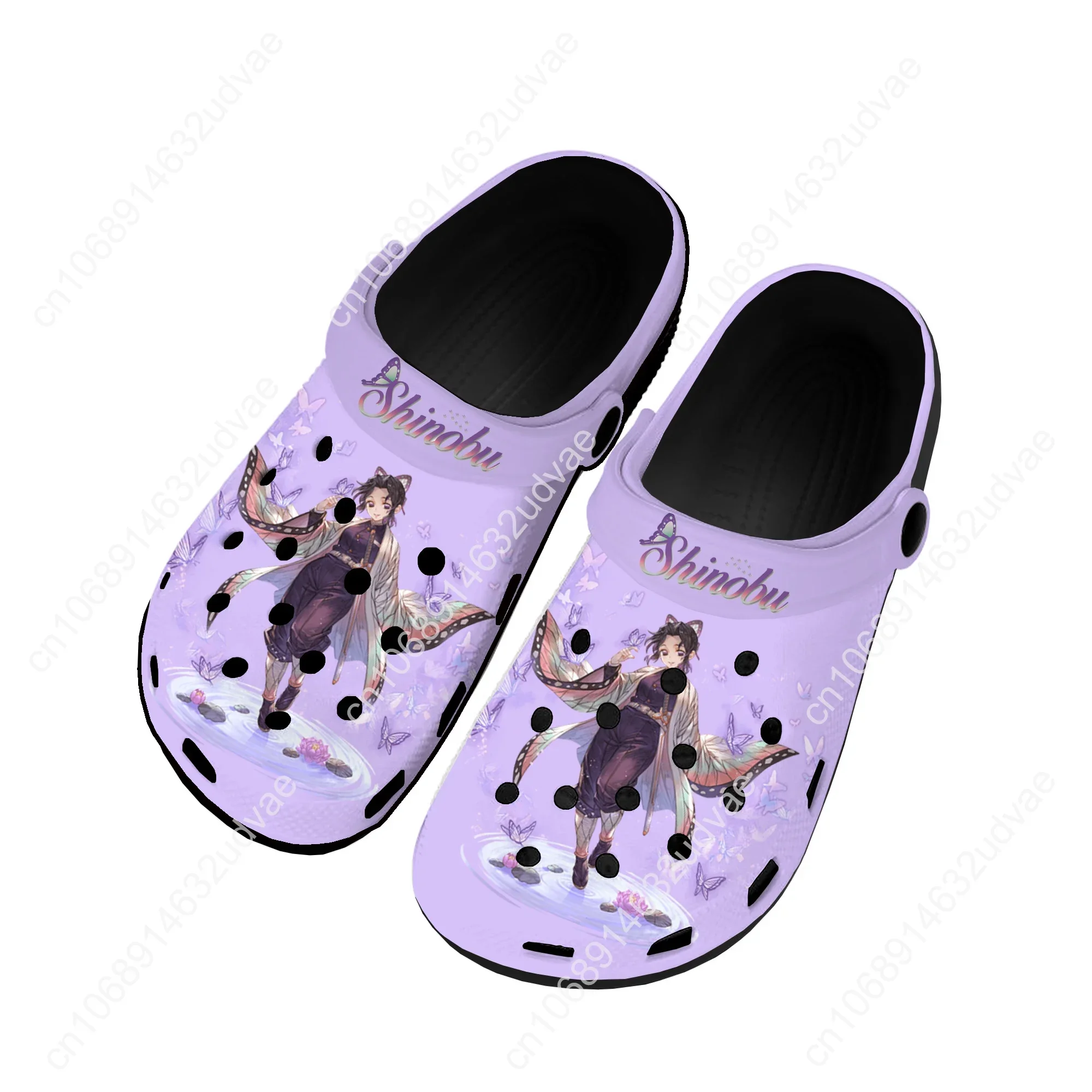 Tamancos domésticos personalizados para homens e mulheres, Shinobu Kocho, Kimetsu No Yaiba, Praia Clog, Adolescente Sapato, Jardim Clog, Buraco, Chinelos Pretos