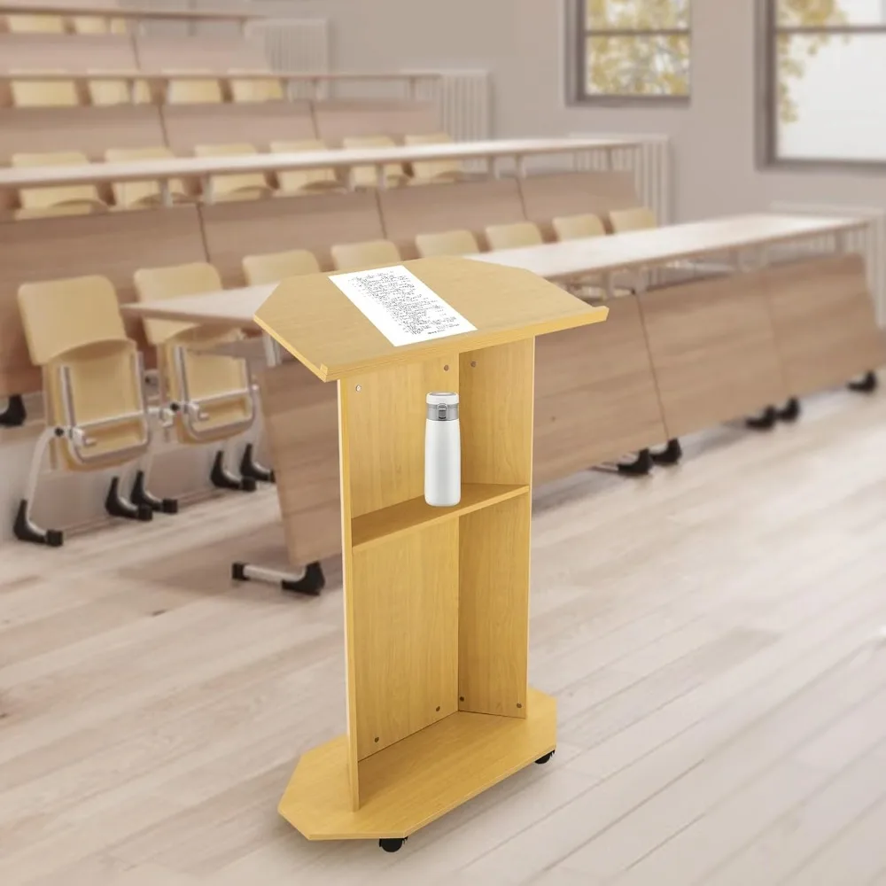 Movable Podium Wood Stand Floor Standing Podium Wooden Speaking Lectern with Wheels Storage Shelf for Church Classroom