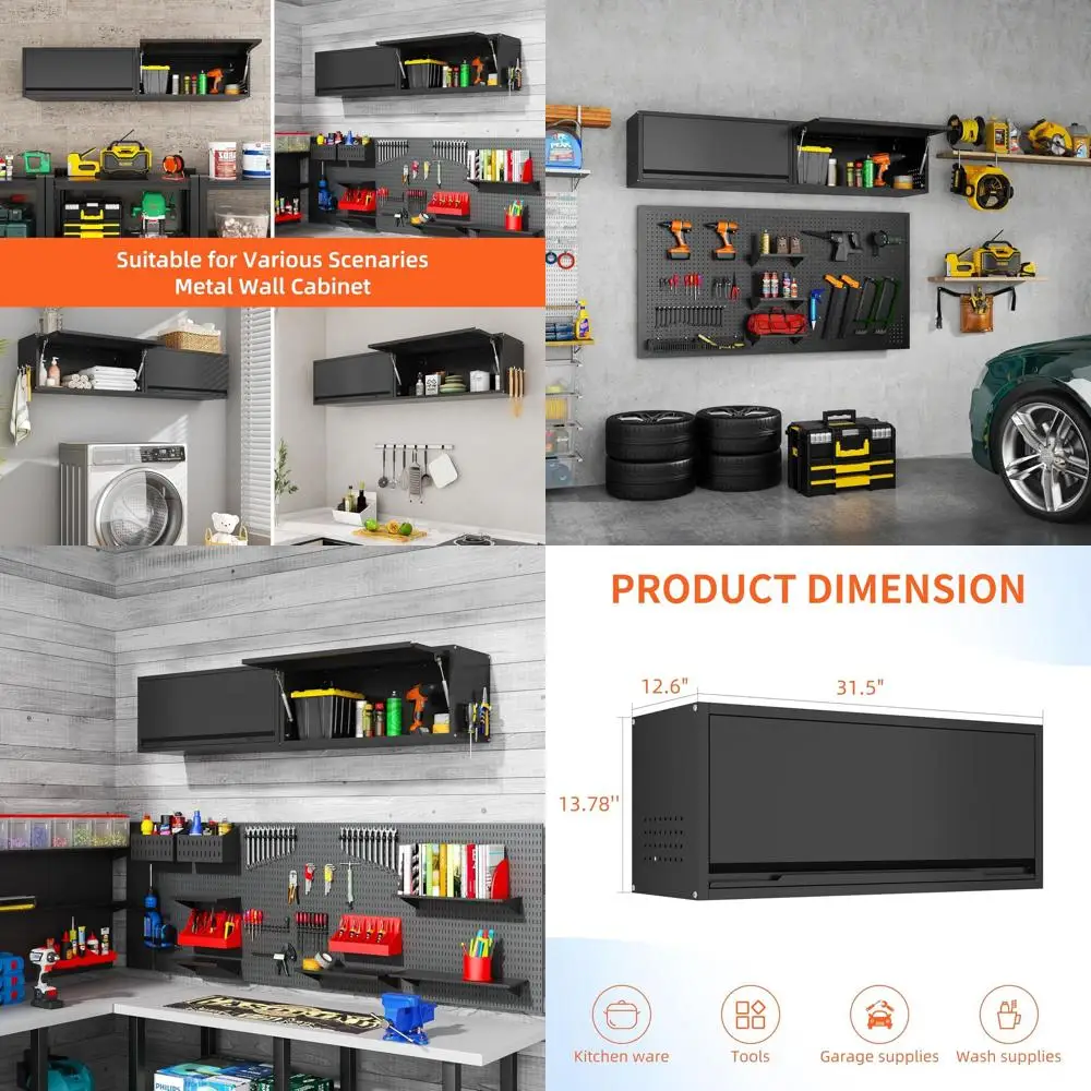 

Настенный шкаф для хранения инструментов 13,8 дюйма с откидной дверцей, идеально подходит для гаражей, мастерских и многого другого, черный