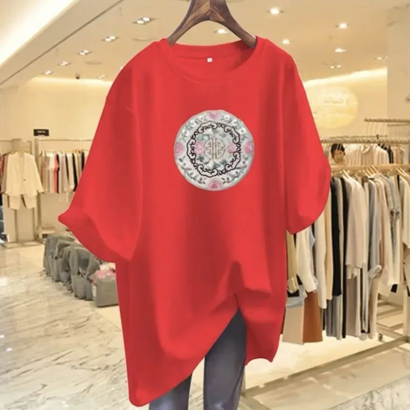 Women Clothing Pure Cotton O-neck Short Sleeve Basic T-shirt Summer Fashion Casual Paisley Printing Top Tees Y2k Loose Pullovers