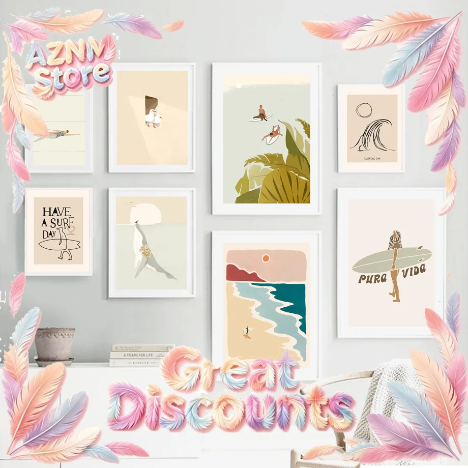 2026Summer Beach Surf Whale Vacation Seagull Wall Art Canvas Painting Minimalist Posters Prints Picture Living Room Deco
