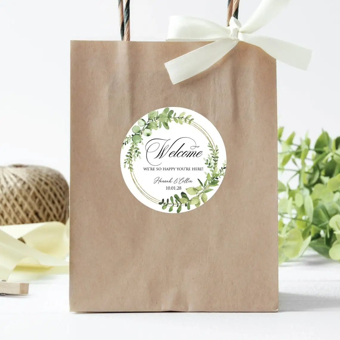 Wedding Welcome Stickers -Greenery,  Bag Label, Favors Labels, Picture, Text, Personalised, Custom