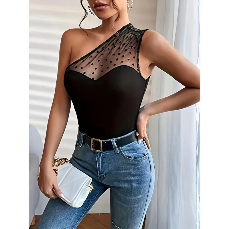 

New Spring/Summer Women's Mesh Polka Dot Trim Crew Neck Short Sleeve T-Shirt, Off-Shoulder Style