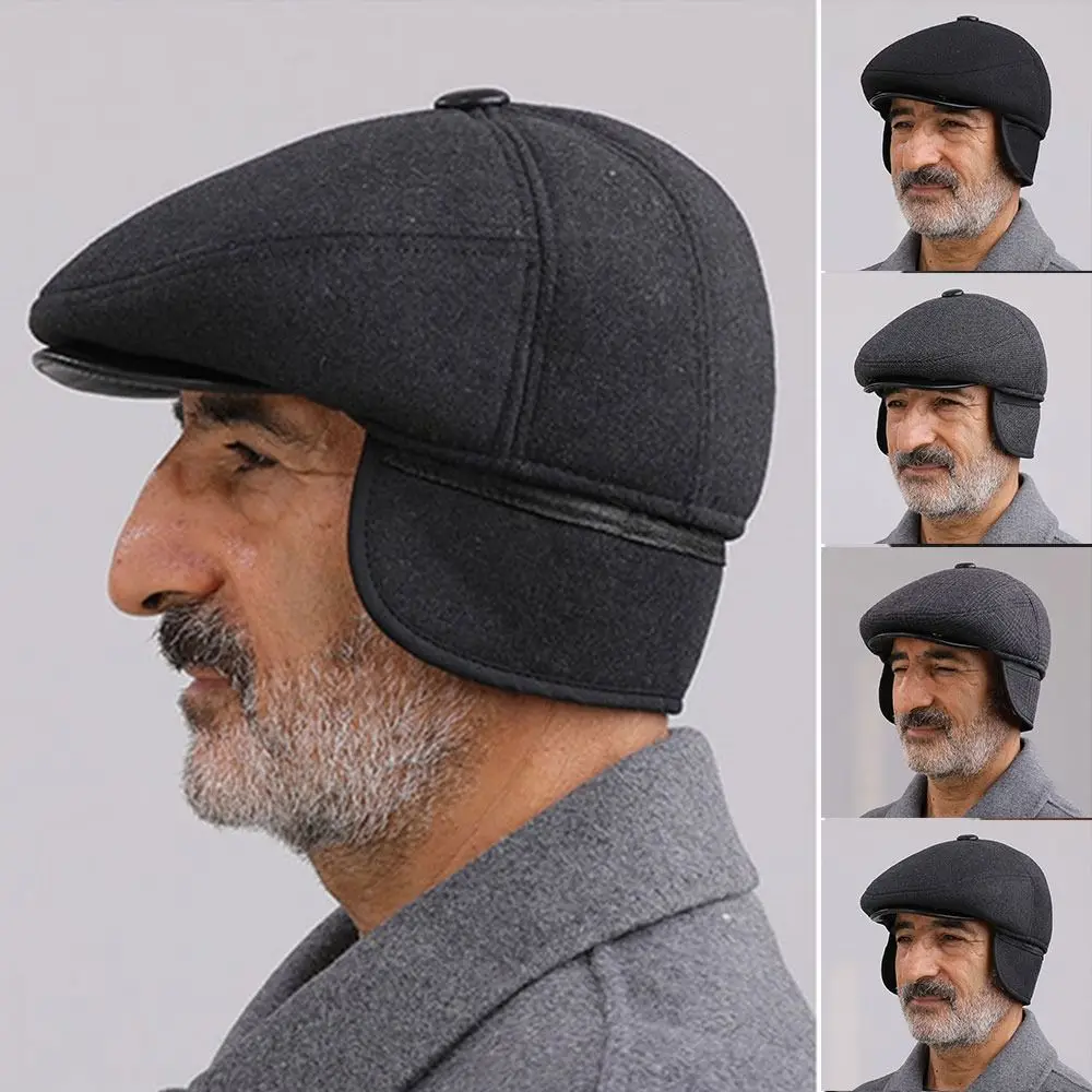 Quality With Ear Flap Men Berets Thick Keep Warm Flat Caps Middle Age Earflap Cap Men