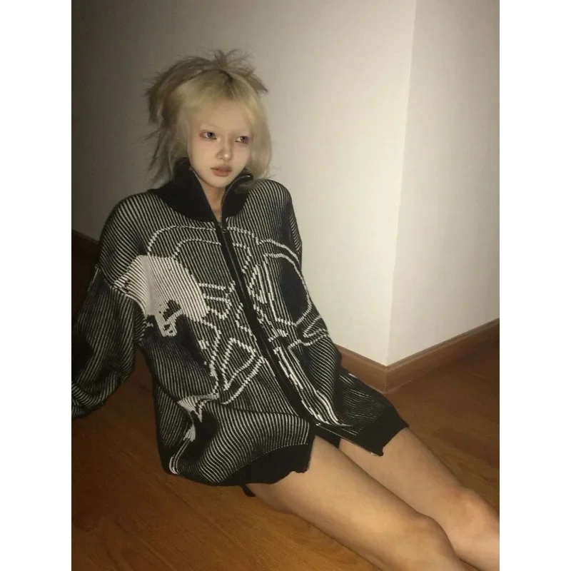 Deeptown Y2k Harajuku damskie rozpinane swetry Vintage gotycki Kint Grunge koreańska moda Oversized jesień Streetwear