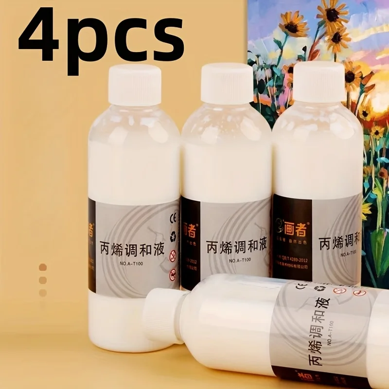 

4 шт., 100 мл (3,38 унции) средство для разбавления акриловых пигментов - жидкий разбавитель для акриловых красок, без добавок, с настоящими свойствами пигмента, легко смешивается