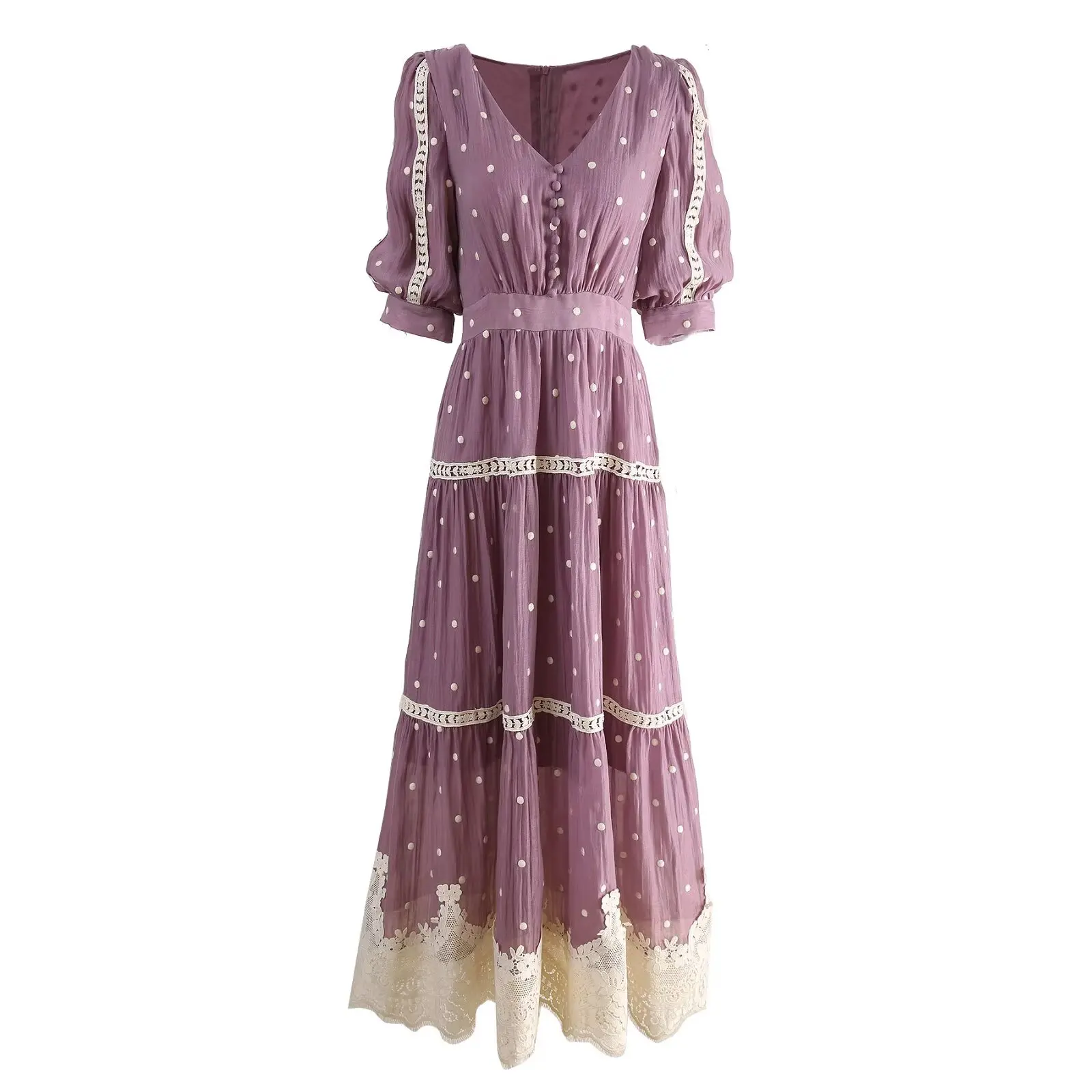 

Meyyithun Women's Dress Spring Runway Half Sleeve V-neck Dots Printed Dress with Lace New Fashionable Women's Clothing 250317Z01