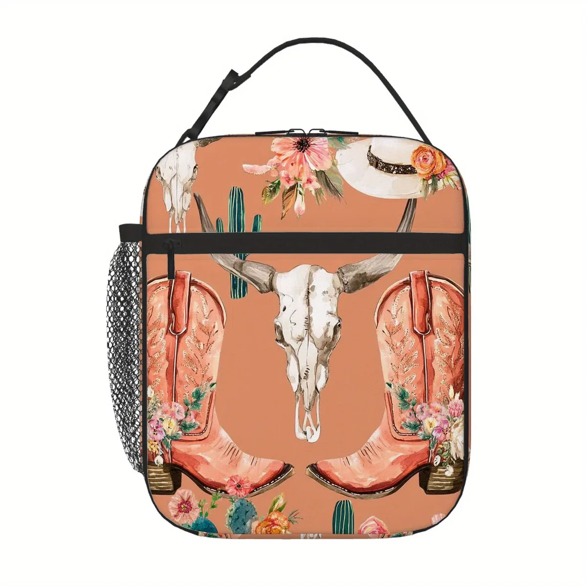 Western-Themed Insulated Tote Bag with Cowboy Boots, Skulls, Cacti & Flowers for Home, Office, or Restaurant Use Lunch Bag
