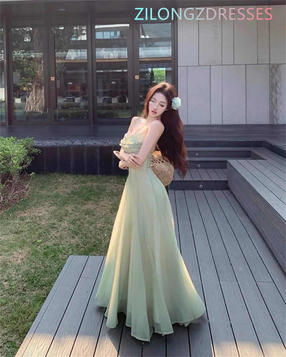 Customized   See Through  Green Chiffon Evening Dress Classic Strapless Spaghetti Straps Homecoming Dresses Vestido De image 2