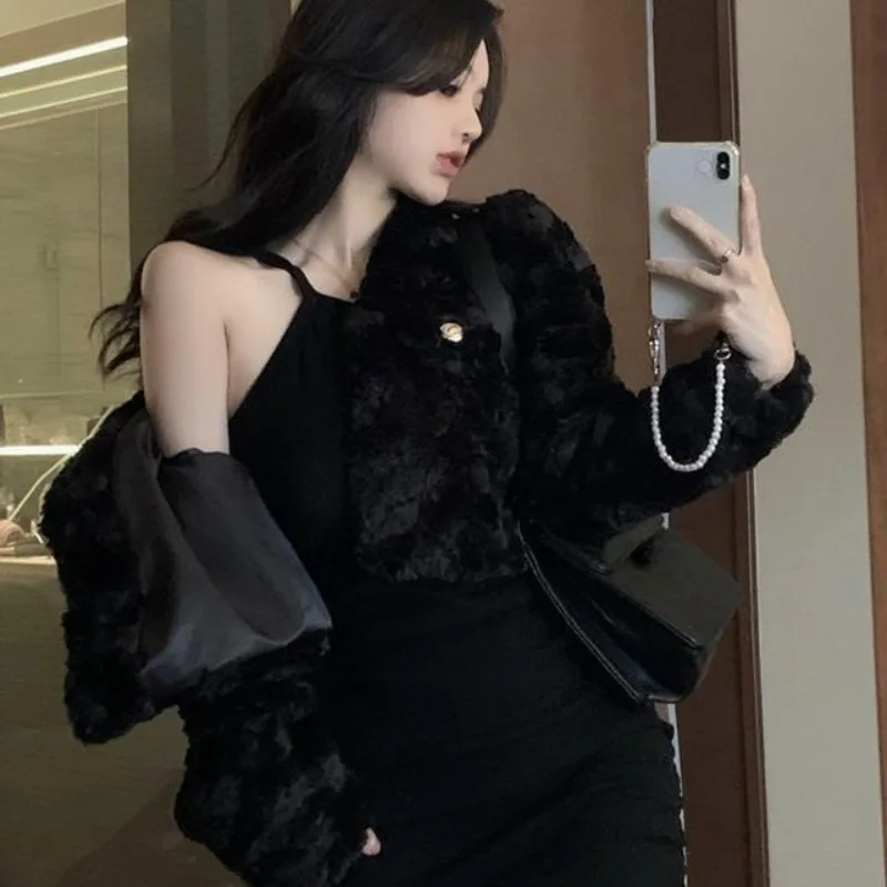 French Vintage Small Frangrance Qutumn Winter Two Piece Sets Y2k Warm Faux Fur Single Breasted Coats Sexy Thin Short Sling Dress