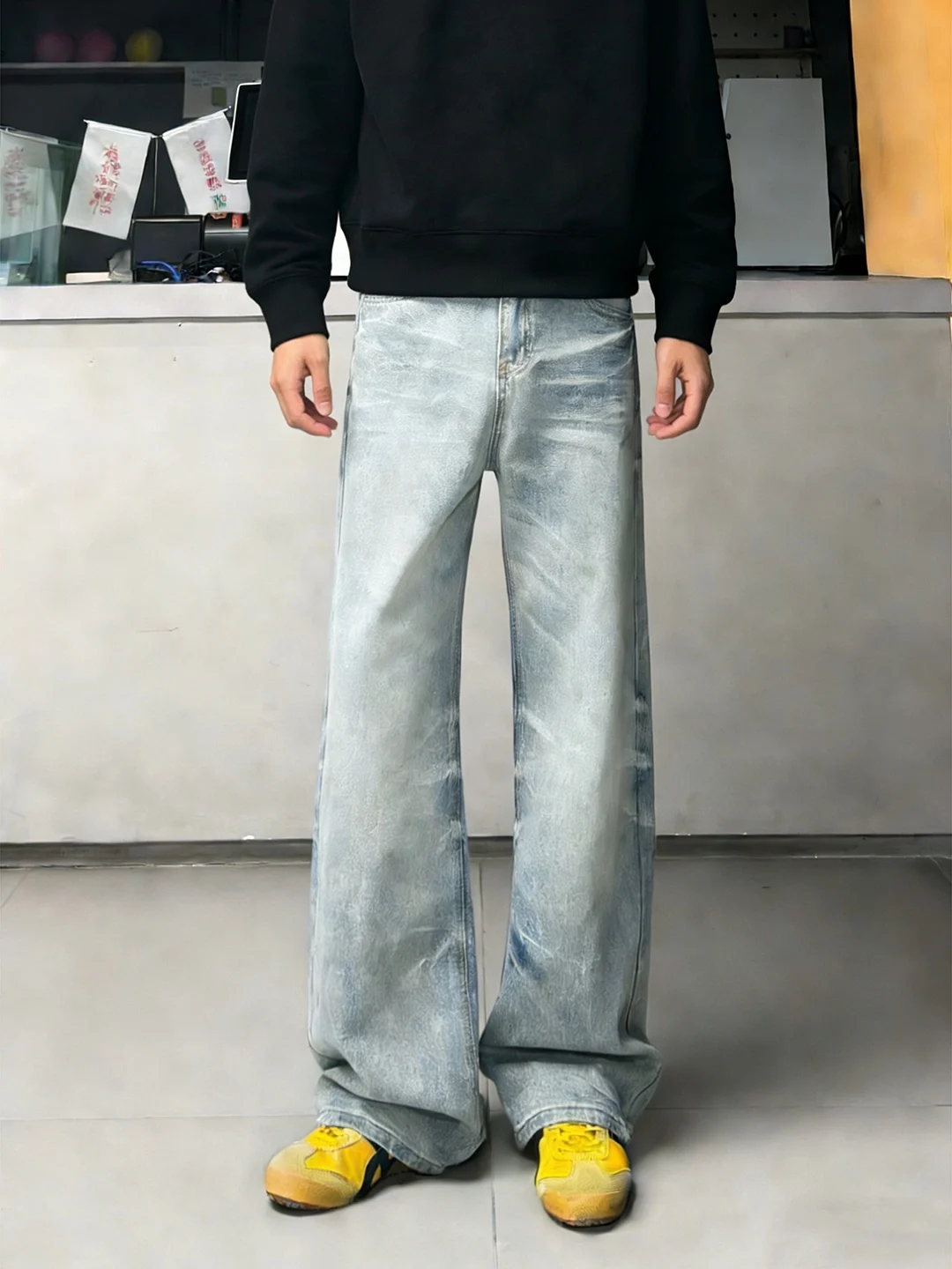 

Light Blue Lightning Pattern Bell Bot Jeans Men's American Waed Knife Straight Leg Jeans Cleanfit Slimming Pants