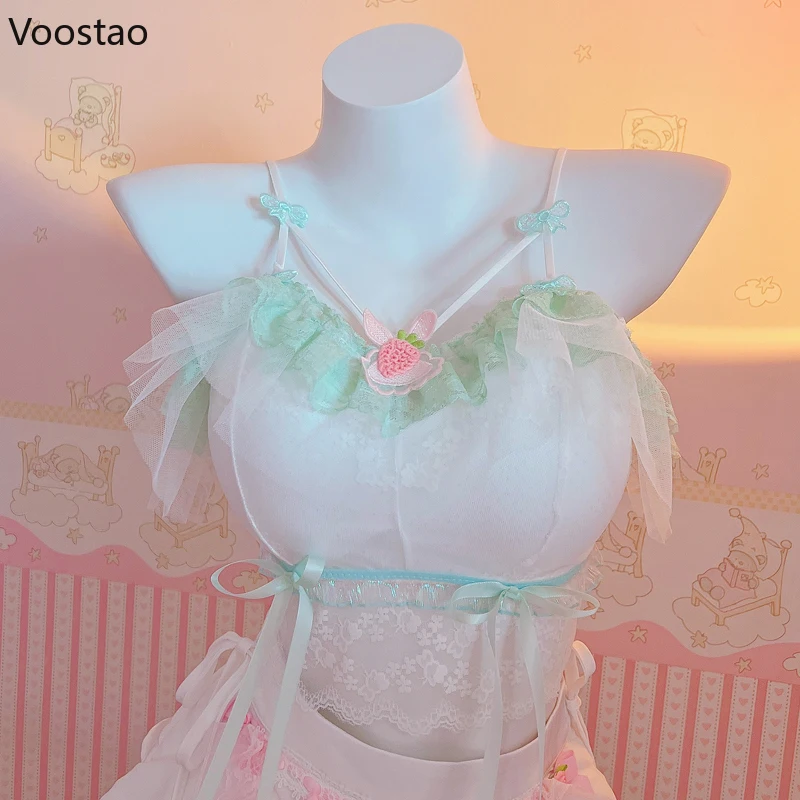 Kawaii Lolita Style Camis Tops Women Summer Bow Lace Ruffles Mesh Sweet Cropped Tanks Girls Y2k Aesthetic Clothes Chic Lace Vest