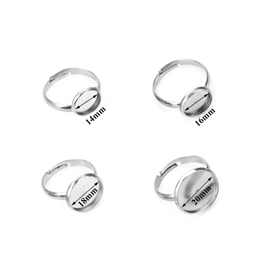 DC 20PCS/lot Adjustable Stainless Steel Ring Holder Fit 8/10/14/16/18/20mm Glass Cabochon Setting DIY Ring Jewelry Making